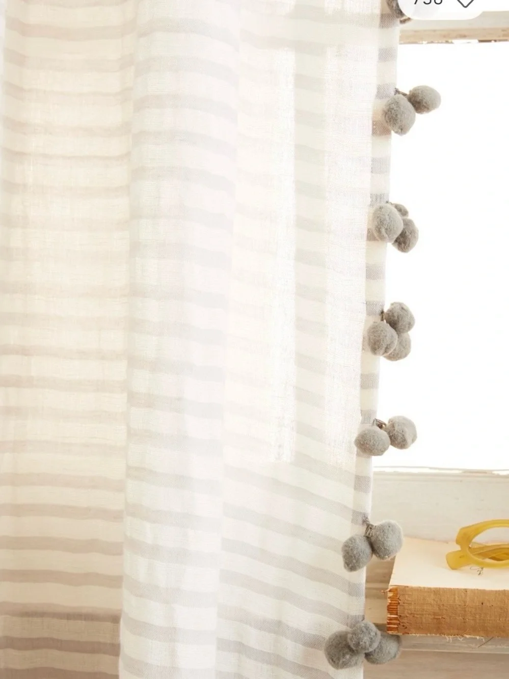 Anthropologie Beige Striped Pom Tassel Curtains, 96” X 50”, Set of 2